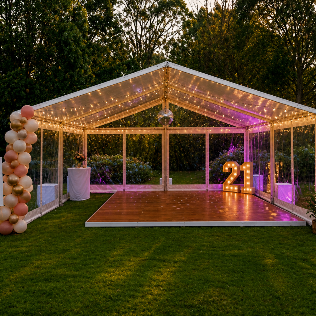 6m x 6m Clearspan structure marquee installed for a 21st B’day party in Buxton, complete with Timber dance floor, lighting, service bar, glassware, umbrellas and bar tables and stools.