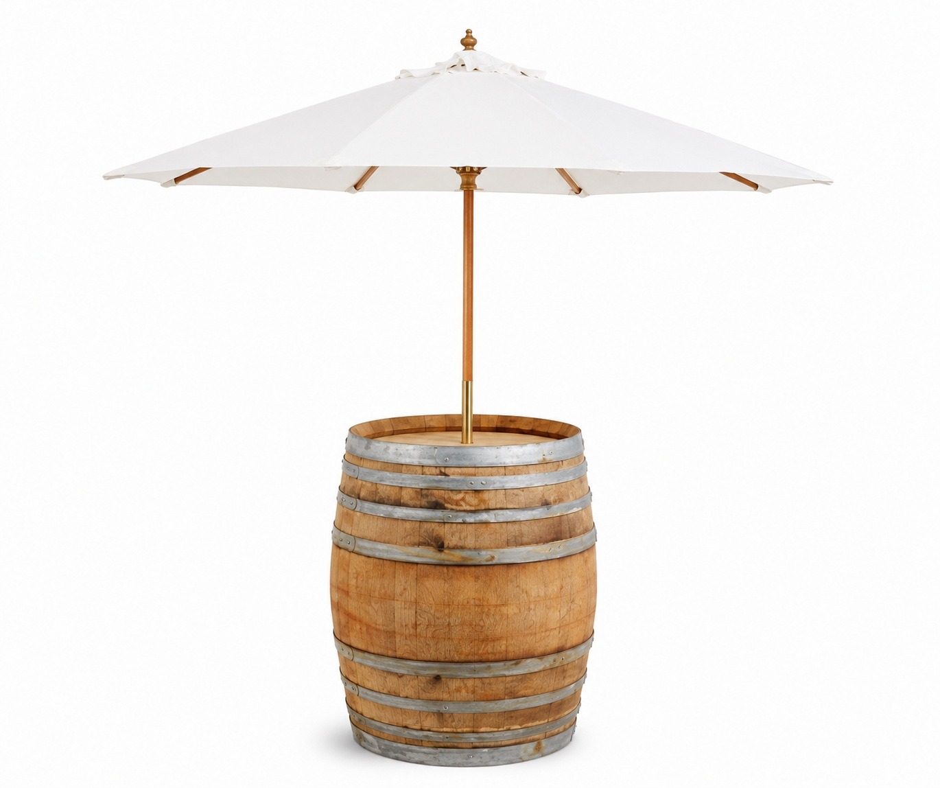 Wine barrel umbrella hire Melbourne featuring authentic timber wine barrel with large white market umbrella for weddings, garden parties and outdoor events.