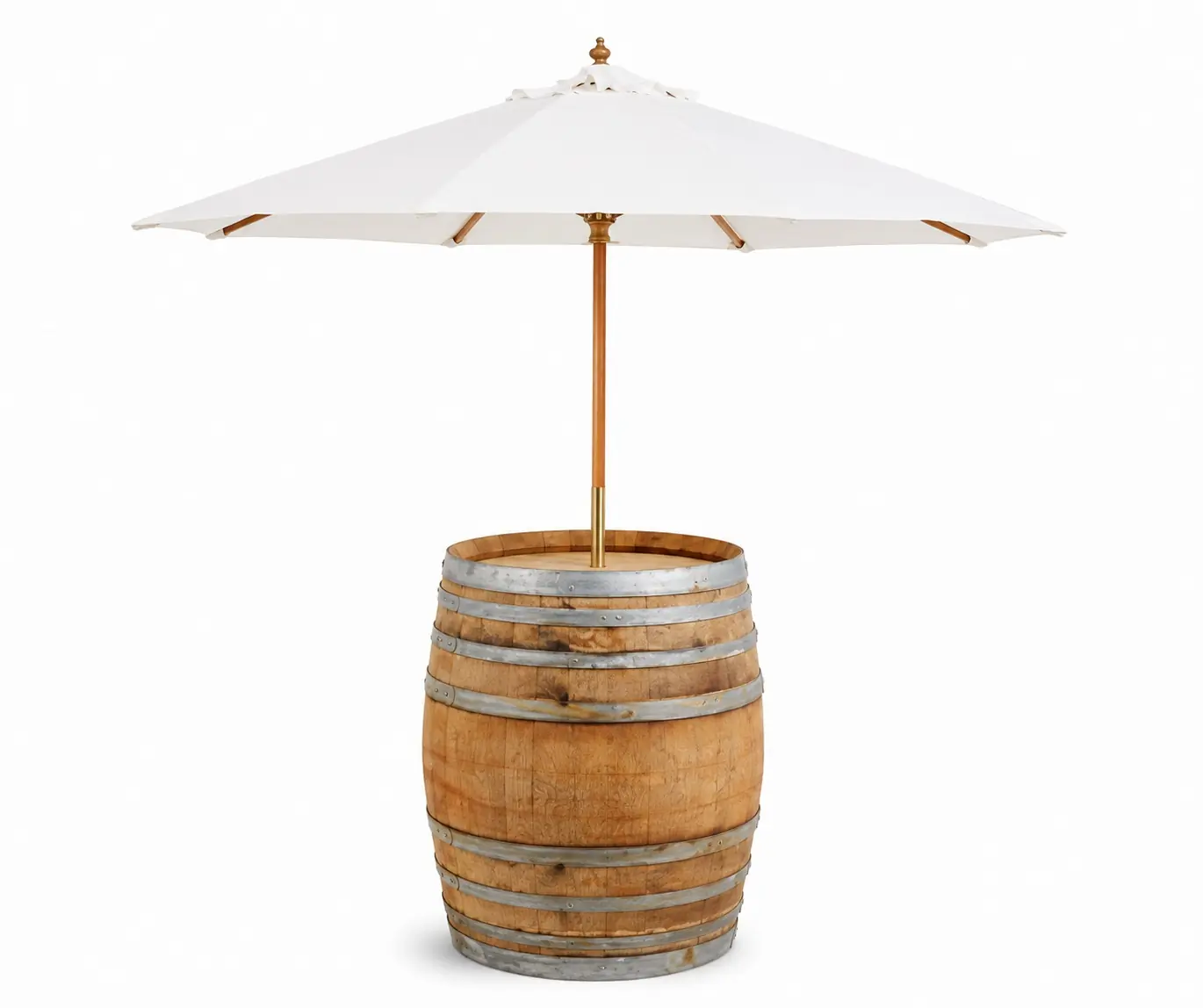 Wine Barrel with Markey Umbrella Wine barrel umbrella hire Melbourne featuring authentic timber wine barrel with large white market umbrella for weddings, garden parties and outdoor events.